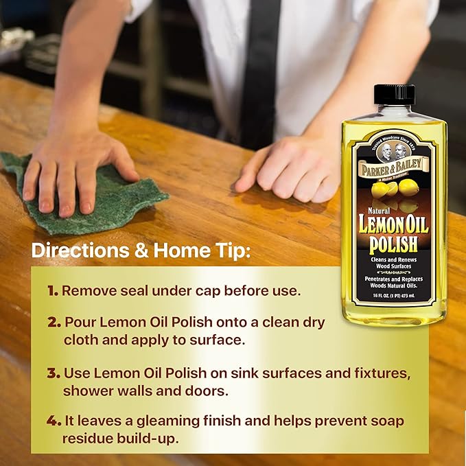 PARKER & BAILEY LEMON OIL POLISH - Natural Lemon Scented Wood Cleaner & Furniture Polish, Cleans, Renews, Restores & Rejuvenates Wood Surfaces, Protects Wood from Drying or Cracking, Leaves a Shiny Finish, 16oz