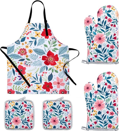 Floral Apron and Oven Mitt Set 5 Piece, Pioneer Woman Style Kitchen Aprons by QEES