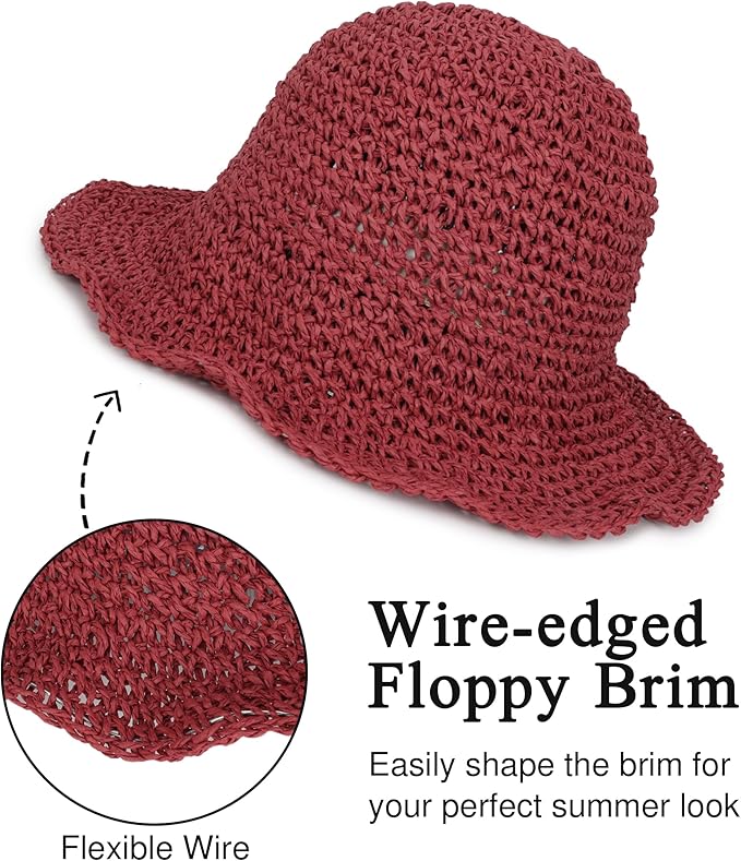 Womens Wide Brim Straw Sun Hat Foldable Floppy Crochet Beach Hat for Summer