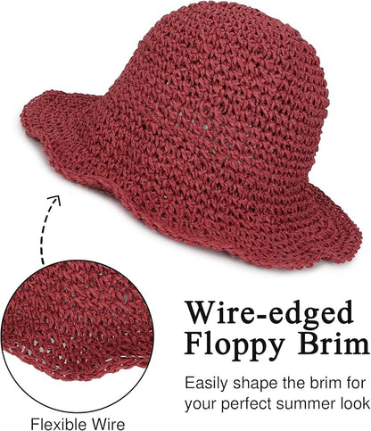 Womens Wide Brim Straw Sun Hat Foldable Floppy Crochet Beach Hat for Summer