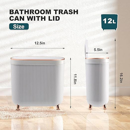 Bathroom Trash Can with Lid 3.2 Gallon Narrow Trash Can Small Plastic Trash Bin - Image 2