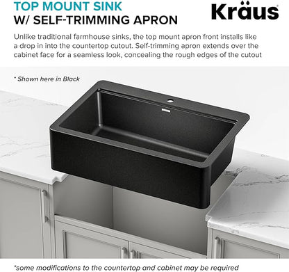 KRAUS Bellucci 33” Workstation Drop In Retrofit Farmhouse Single Bowl Granite Kitchen Sink in White with Accessories