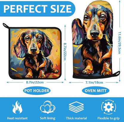 Watercolor Dog Oven Mitts and Pot Holders Sets Heat Resistant 4Pcs Potholders - Image 2
