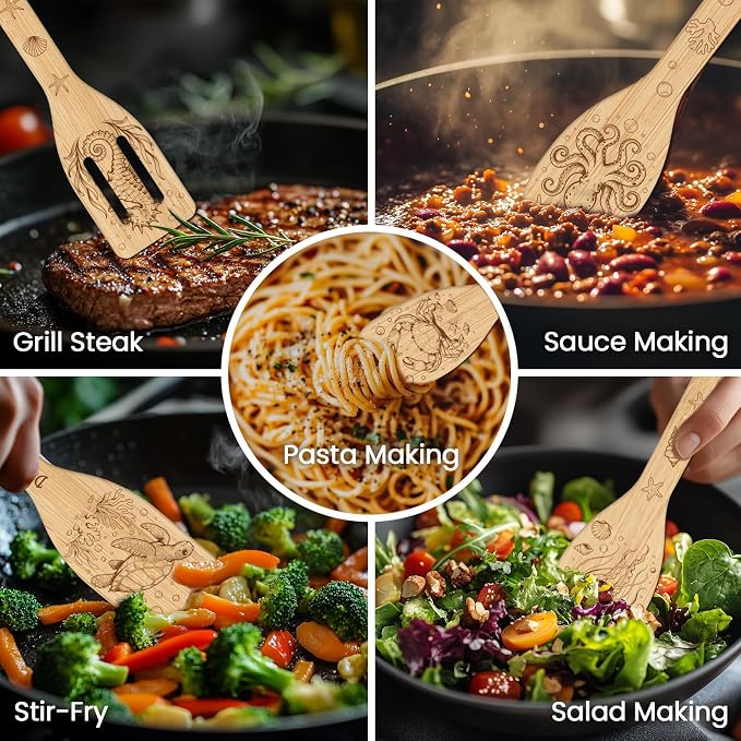 CUTHOLLOW 6PCS Marine Animals Wooden Kitchen Cooking Utensil Set, 11.9in Non - Image 4