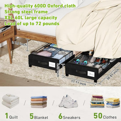 Under Bed Storage with Wheels, Underbed Storage Bins, XXL 60L Rolling Metal - Image 4