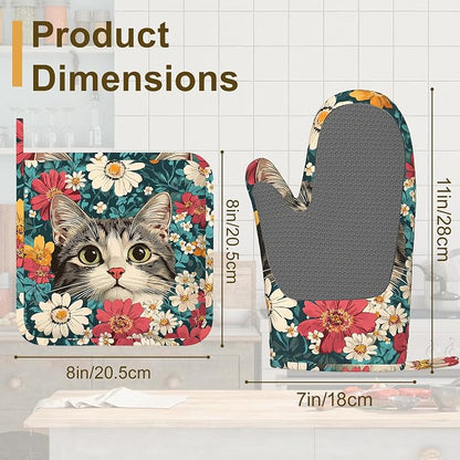 Cute Cat Oven Mitts and Pot Holders Set of 4, Blooming Colorful Flowers Kitchen - Image 2