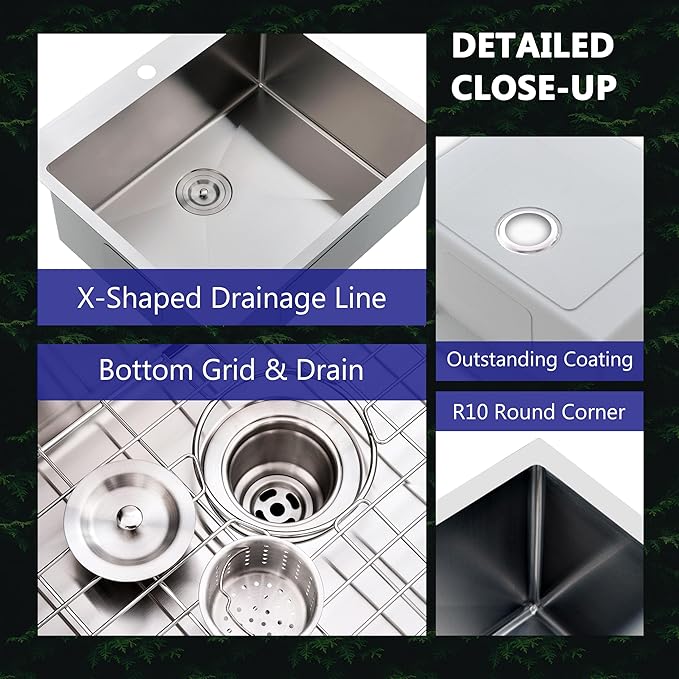 Comllen 25 x 22 Inch Drop In Kitchen Sink, Brushed Nickel Topmount 16 Gauge Stainless Steel Kitchen Sinks, 9 Inch Deep Utility RV Sink with Dish Grid and Basket Strainer