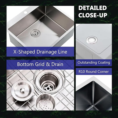 Comllen 25 x 22 Inch Drop In Kitchen Sink, Brushed Nickel Topmount 16 Gauge Stainless Steel Kitchen Sinks, 9 Inch Deep Utility RV Sink with Dish Grid and Basket Strainer