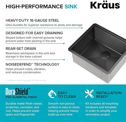 KRAUS Kore 21 Inch Undermount Workstation 16 Gauge Stainless Steel Single Bowl Kitchen Sink n PVD Gunmetal Finish with Accessories, KWU1101-21-PGM