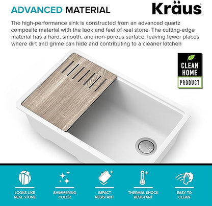 KRAUS Bellucci 30” in. Undermount Workstation Granite Kitchen Sink in White with Accessories, KGUW1-30WH