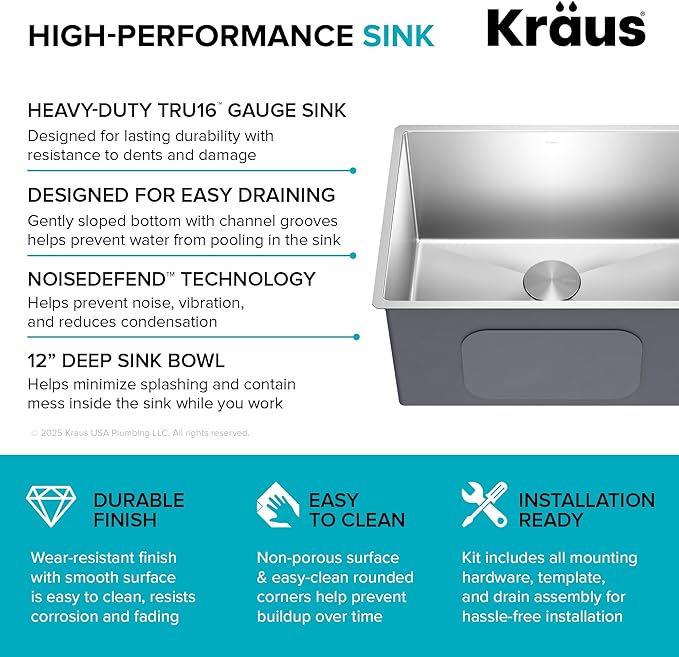 Kraus KHU101-24L Standart PRO 24-inch Undermount 16 Gauge Single Bowl Laundry and Utility Sink, 24 Inch, Tight Radius