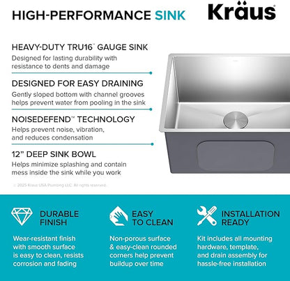 Kraus KHU101-24L Standart PRO 24-inch Undermount 16 Gauge Single Bowl Laundry and Utility Sink, 24 Inch, Tight Radius