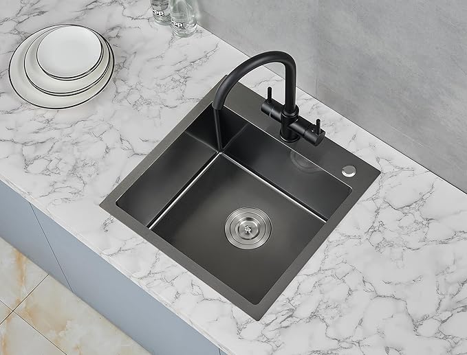 POPFLY 18×18 Inch Drop In Bar Prep Sink, 304 Stainless Steel Top mount Handmade Single Bowl Sink 9 Inche Deep Small Kitchen Sink with 2 Hole, Black