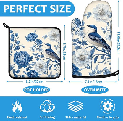 Blue Bird Blooming Flower Oven Mitts and Pot Holders Sets Heat Resistant 4Pcs - Image 2