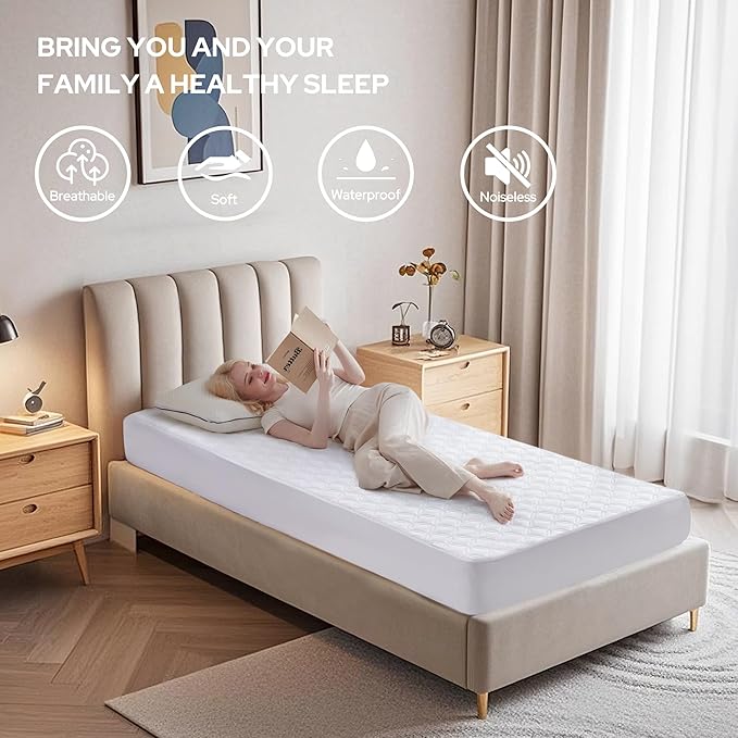 BEDLORE Waterproof Mattress Protector, Twin XL Size Mattress Pad with Deep Pocket Fitted Up to 6-15 inches, Soft Breathable Bed Mattress Cover for Bedroom, College Dorm (White)