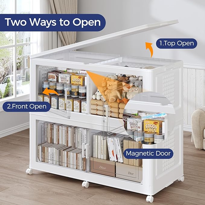200GAL Storage Bins with Lid and Wheels, Stackable Closet Organizers and Storage Drawer, Collapsible Storage Box with Dividers, Foldable Plastic Cabinets Cubes Totes for Garage, 5 Pack White