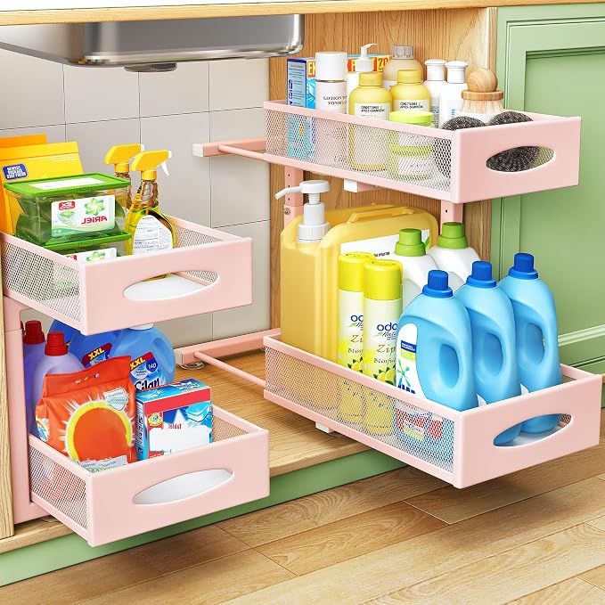 2 Pack Under Sink Organizer, 2 Tier Pull out Cabinet Organizer Mesh Baskets by Kitstorack
