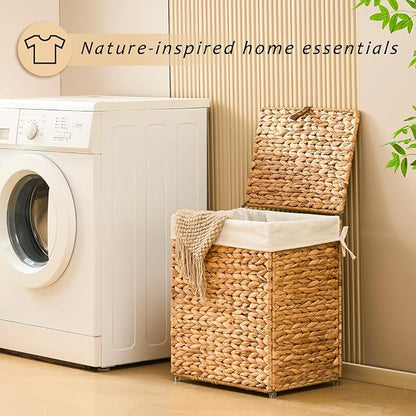 Handwoven Laundry Basket with Lid, Natural Water Hyacinth Storage Basket with - Image 4