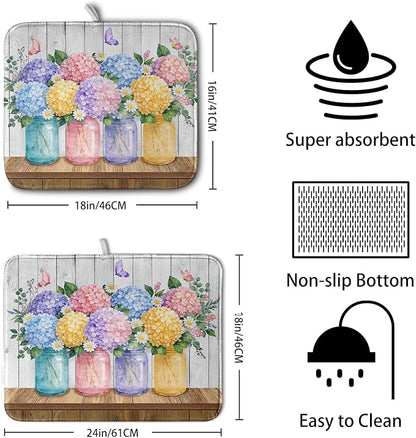 Hydrangea Dish Drying Mat for Kitchen Counter Spring Summer Floral Vases dish - Image 2