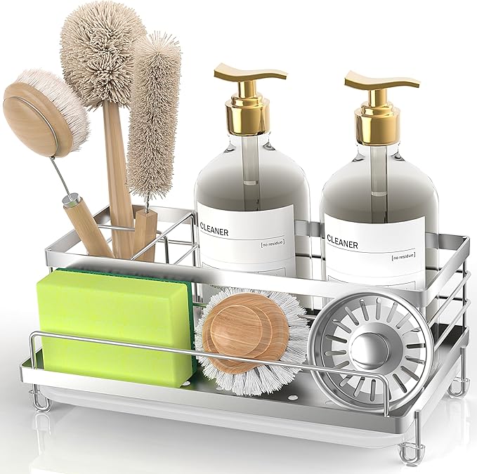 Cisily Stainless Steel Sponge Holder for Kitchen, Sink Caddy Sink Organizer Rack for Kitchen Accessories with Drip Tray, Rustproof and Non-slip, Dish Soap Dispenser Countertop Organizer