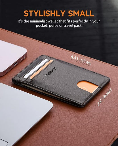 Buffway Mens Slim Wallet, Minimalist Thin Front Pocket Leather Credit Card Holder with RFID Blocking for Work Travel