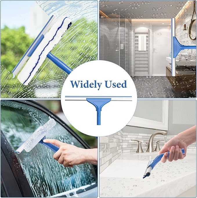 Squeegee for Window Shower Glass Door Cleaning, VOUBIEN Household Squeegee Window Cleaner 2 in 1 Kit with Long Handle, Microfiber Scrubber for Window, Glass Door, Car, Home Floor
