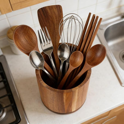 Acacia Wood Utensil Holder 360°Rotating Anti-Tip Design - Image 6