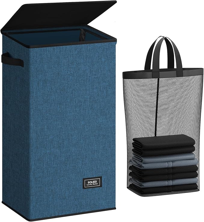 SOLEDI Laundry Hamper with Lid 100L Large & Tall Collapsible Laundry Baskets, Clothes Hamper with Bag Removable Easy to Carry, Dirty Hampers for Bedroom, Bathroom, Dorm, College, Blue