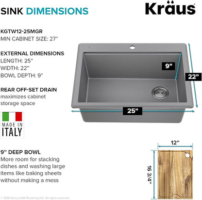 KRAUS Bellucci 25-inch Granite Workstation Drop In Top Mount Single Bowl Kitchen Sink in Metallic Grey with Accessories, KGTW12-25MGR
