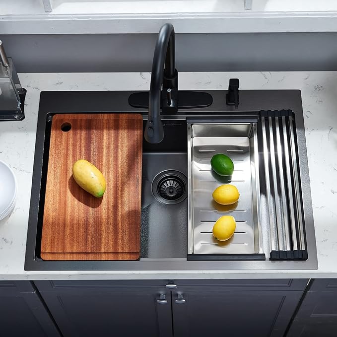 Drop-in Kitchen Sink - Single Bowl Workstation with Cutting Board, 30 x 22 x 10, Gunmetal Black, 16 Gauge Stainless Steel