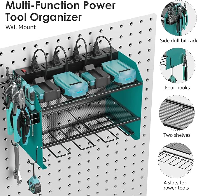 CCCEI Set Power Tool Organizer Wall Mount with Charging Station. Garage 4 Drill Storage Shelf with Hooks, Heavy Duty Metal Tool Battery Charger Organizer. Shop Utility Rack with Power Strip Navy Blue.