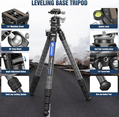 LEOFOTO Carbon Fiber Tripod with Leveling Base for Camera, 360° Rotating Ball Head, 1/4" QR Plate for Sport Camera/Phone/Projector, Compact Tripod with Panoramic Base, A Bubble Level, Max Load 22LB