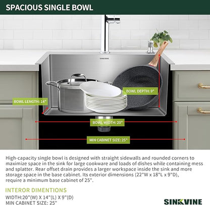 22 Inch Drop-In Kitchen Sink, SINKVINE 22" x 18" Stainless Steel Indoor and Outdoor Sink, Top Mount Deep Single Bowl Sink for Laundry, Wet Bar, RV, w/Drain Strainer, Bottom Grid, Roll-up Drying Unit