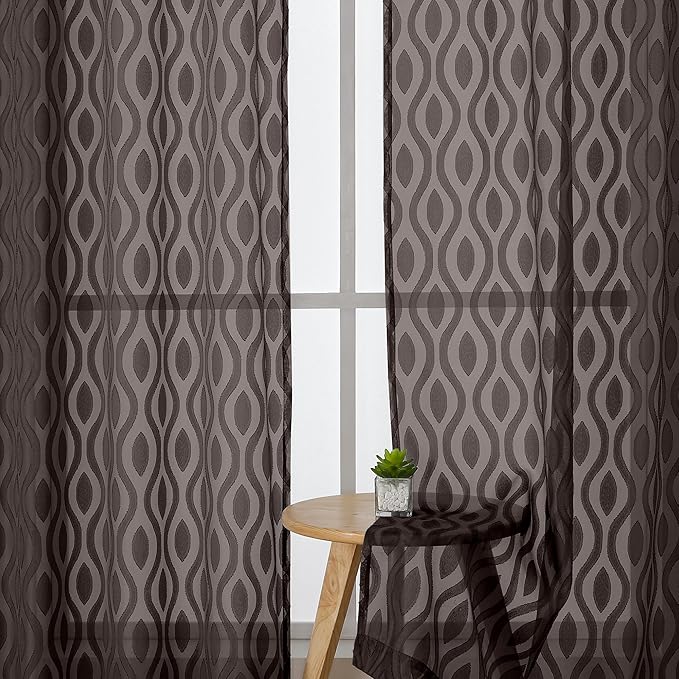 Aiyufeng Sheer Curtains 63 Inch Length 2 Panels Set, Solid Brown Light Filtering Voile Window Treatments for Bedroom Living Room, Modern Wavy Line Textured, 40" W X 63" L