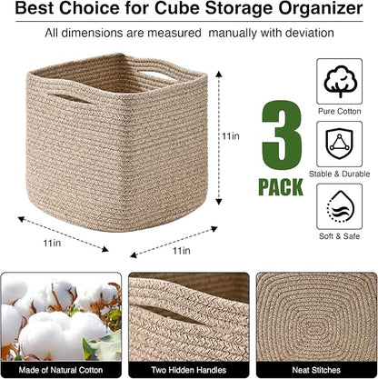 11 Inch Cube Storage Bins, Storage Cube Organizer Bins, Woven Cotton Rope - Image 3