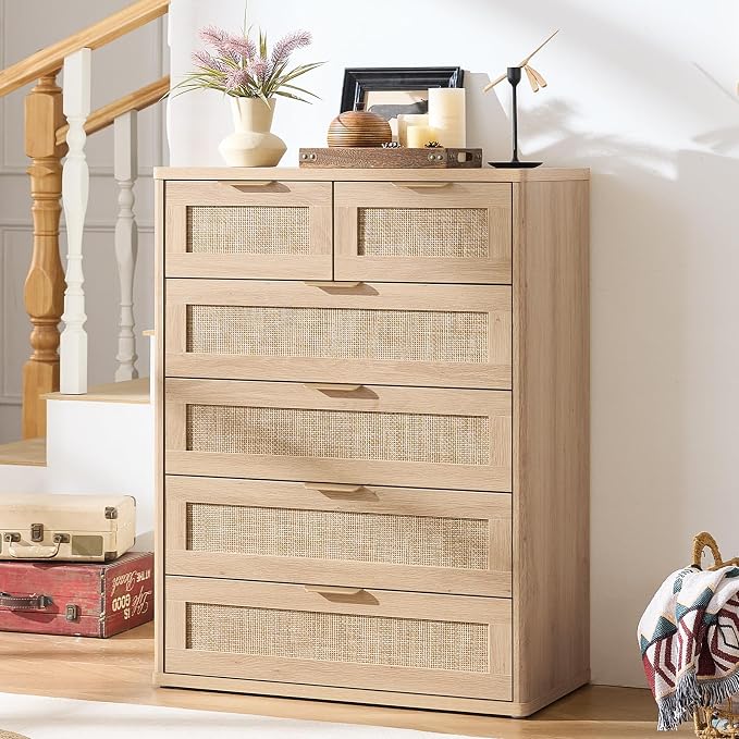 LEYAOYAO Rattan Dresser for Bedroom, Modern 6 Drawers Boho Dressers - Image 9