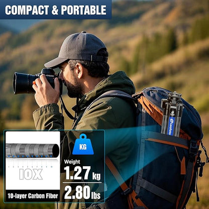 LEOFOTO LS-284CEXX Carbon Fiber Tripod with Leveling Base for Camera, 360° Portable Tripod with 3/8" Screw for Sport Camera/Phone Holder/Projector, A Bubble Level, Folded Length 21.06", Max Load 22LB