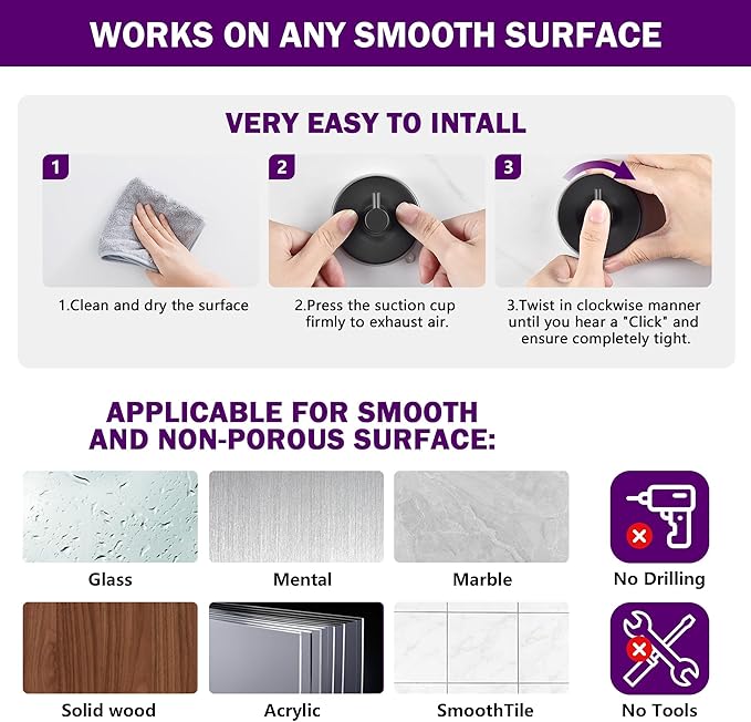 JOMOLA Stainless Steel Bathroom Suction Hooks - No Drill Adhesive-Free Wall Mount for Shower, Towel & Robe, Rustproof Metal Hardware with Damage-Free Grip, Matte Black (4-Pack)