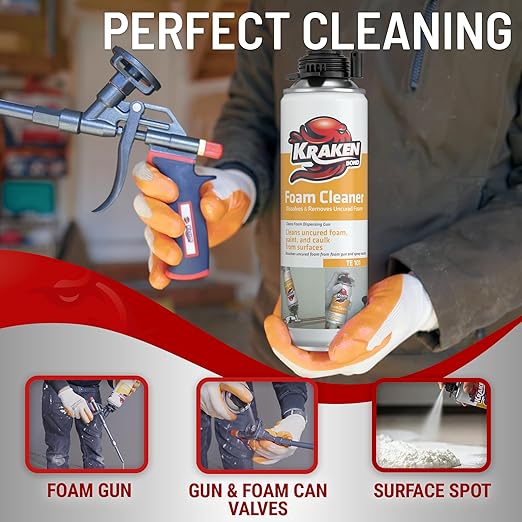 Kraken Bond Spray Foam Gun Cleaner - (12x12.3oz) Polyurethane Insulation Cleaner Spray, Dissolves Uncured Expanding Foam Cleaner Spray for Extended Tool Durability - 12 Pack