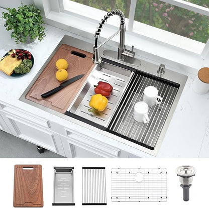 33x19 Drop In Kitchen Sink Workstation-Bokaiya Stainless Steel Kitchen Sinks Drop In 33 Inch Deep Workstation Top Mount 16 Gauge Single Bowl Drop In Sink Kitchen with Cutting Board