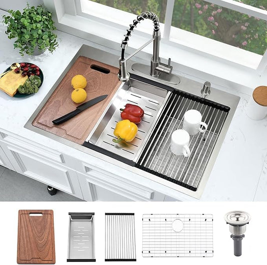 33x19 Drop In Kitchen Sink Workstation-Bokaiya Stainless Steel Kitchen Sinks Drop In 33 Inch Deep Workstation Top Mount 16 Gauge Single Bowl Drop In Sink Kitchen with Cutting Board