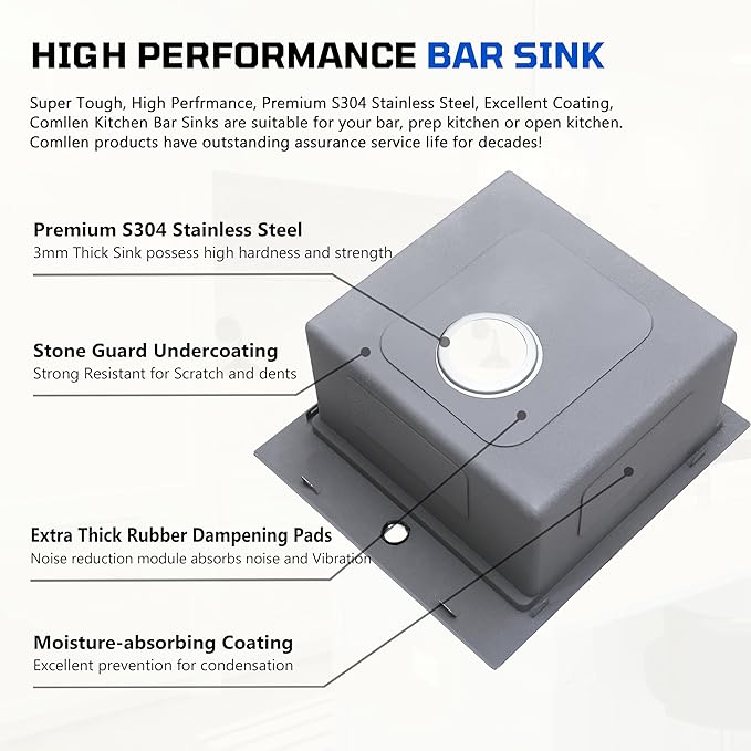 COMLLEN 17x19 Inch Drop in Bar Sink, Outdoor Sink 304 Stainless Steel Kitchen Workstation, 16 Gauge 9 Inch Deep Brushed Nickel, RV Laundry Utility Kitchen Sinks with Cutting Board Grid Drain