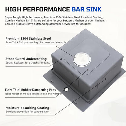 COMLLEN 17x19 Inch Drop in Bar Sink, Outdoor Sink 304 Stainless Steel Kitchen Workstation, 16 Gauge 9 Inch Deep Brushed Nickel, RV Laundry Utility Kitchen Sinks with Cutting Board Grid Drain