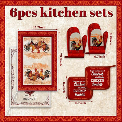 Leinuosen 6 Christmas Red Rooster Farmhouse Kitchen Decor Dish Towels Oven - Image 3