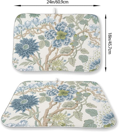 Chinoiserie Dish Drying Mat 18x24 Inch Vintage Sage Green Blue Floral Drying - Image 6