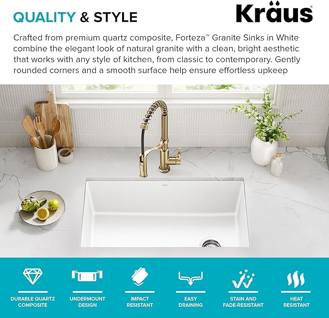 KRAUS Forteza 32-inch Granite Undermount Single Bowl White Kitchen Sink, KGU-55WHITE