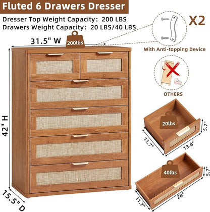 LEYAOYAO Rattan Dresser for Bedroom, Modern 6 Drawers Boho Dressers - Image 3