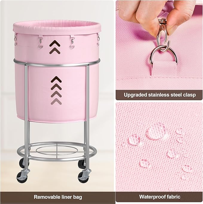 ELYKEN Laundry Basket with Wheels, 170L Rolling Laundry Hamper with Removable Bag and Steel Frame, Round Laundry Cart with 4 Casters and 2 Brakes, Ideal for Bedroom, Bathroom, Laundry Room, Pink
