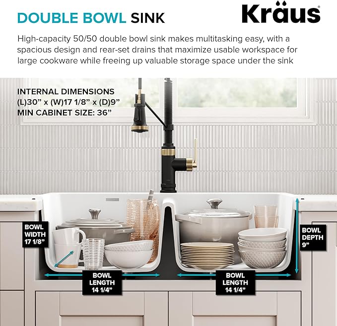 KRAUS Forteza 33-inch Granite Drop In/Undermount 50/50 Double Bowl White Kitchen Sink, KGD-52WHITE