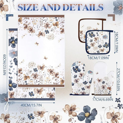 Teenyyou 6 Pcs Spring Brown Poppy Floral Kitchen Towels Oven Mitts and Pot - Image 5